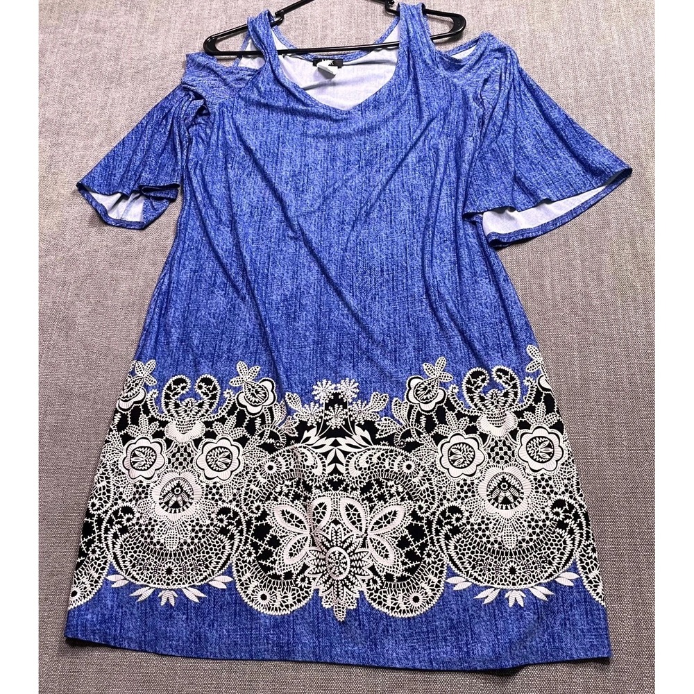 MSK Cold Shoulder Dress Womens Large Heathered Blue Floral Stretch Boho Flowy